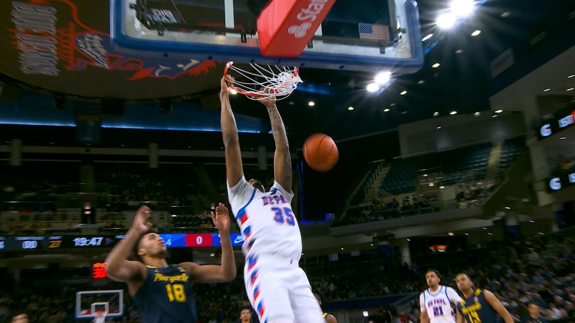 DePaul’s N.J. Benson goes FLYING for fastbreak alley oop vs. Marquette